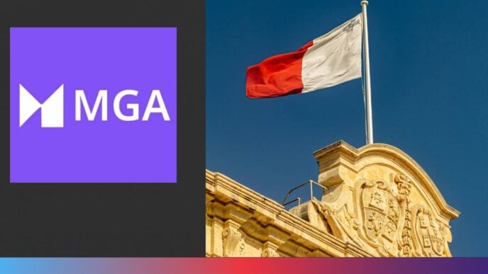 MGA logo beside the Maltese flag flying above a historic limestone building, illustrating Malta's gaming tax and VAT changes